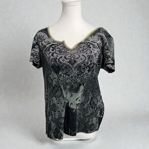 Y2K Diamanté Jewel Top Fairycore Grunge Lace Print Tee ✨ L